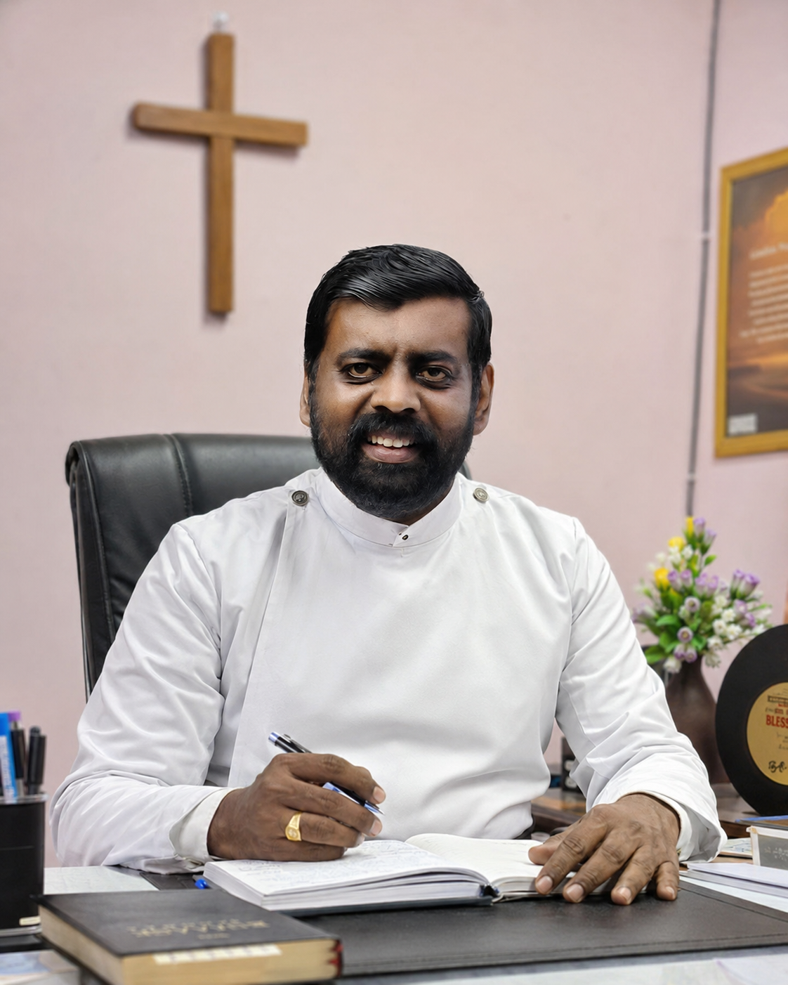 Rev. Dr. Adv. Stephens Justin Raj at his ministry office